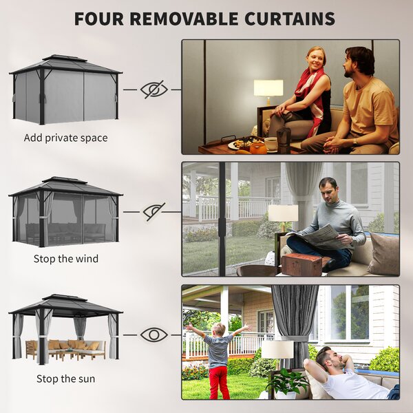 Outsunny 3 x 4m Hardtop Gazebo Canopy with UPF30+ Roof, Garden Gazebo Permanent Pavilion with Mosquito Netting and Curtains for Patio, Deck, Grey