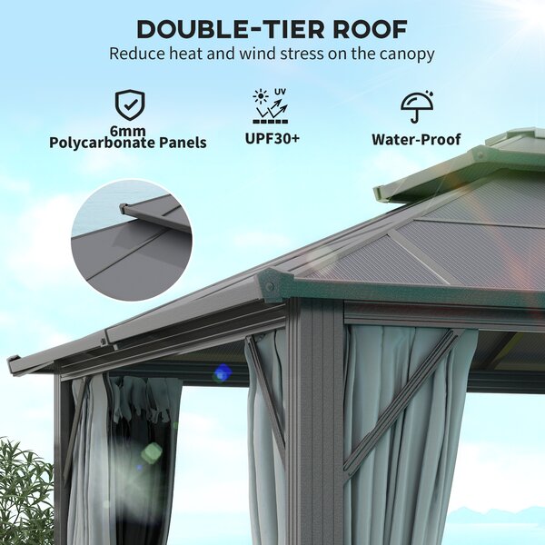 Outsunny 3 x 4m Hardtop Gazebo Canopy with UPF30+ Roof, Garden Gazebo Permanent Pavilion with Mosquito Netting and Curtains for Patio, Deck, Grey
