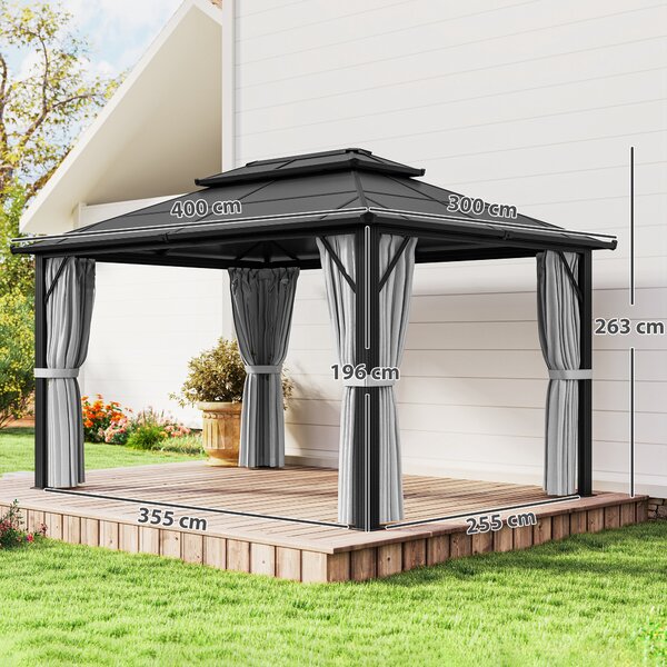 Outsunny 3 x 4m Hardtop Gazebo Canopy with UPF30+ Roof, Garden Gazebo Permanent Pavilion with Mosquito Netting and Curtains for Patio, Deck, Grey