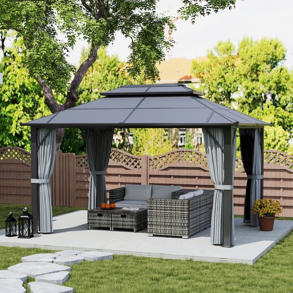 Outsunny 3 x 4m Hardtop Gazebo Canopy with UPF30+ Roof, Garden Gazebo Permanent Pavilion with Mosquito Netting and Curtains for Patio, Deck, Grey