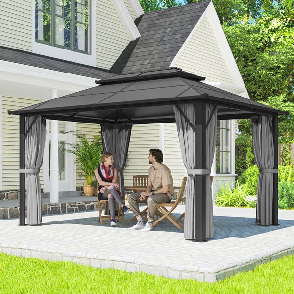 Outsunny 3 x 4m Hardtop Gazebo Canopy with UPF30+ Roof, Garden Gazebo Permanent Pavilion with Mosquito Netting and Curtains for Patio, Deck, Grey