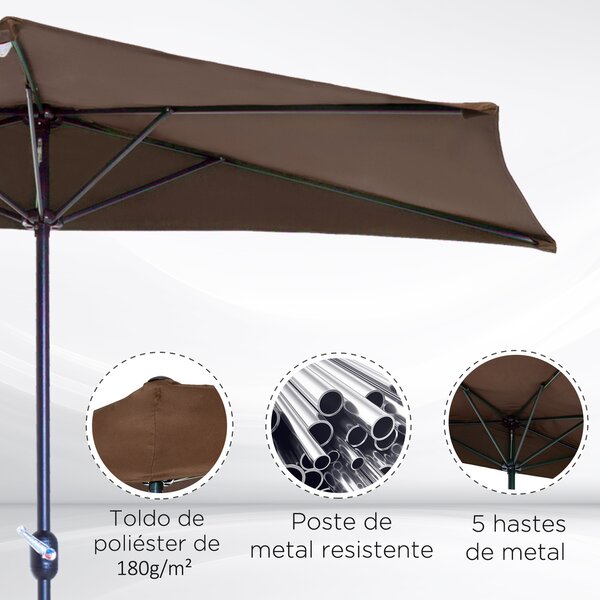 Outsunny 2.7m Balcony Half Parasol Garden Outdoor Umbrella 5 Steel Ribs - Brown Aosom UK