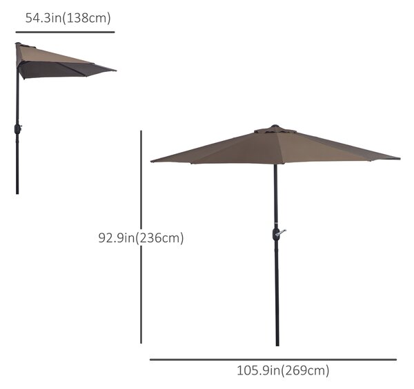 Outsunny 2.7m Balcony Half Parasol Garden Outdoor Umbrella 5 Steel Ribs - Brown Aosom UK