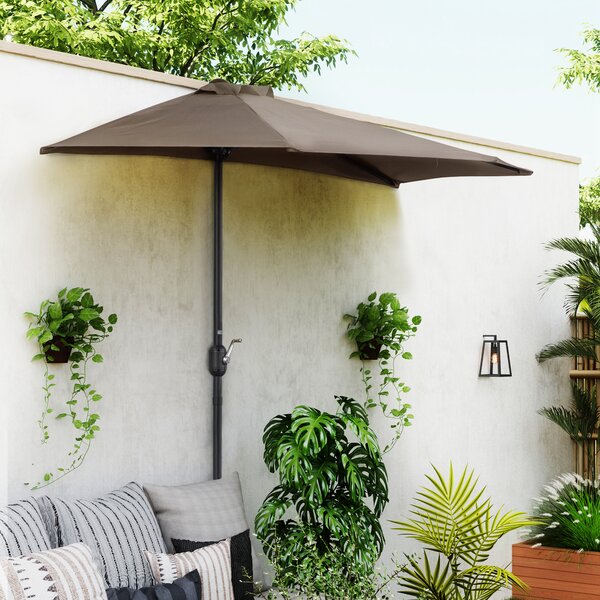 Outsunny 2.7m Balcony Half Parasol Garden Outdoor Umbrella 5 Steel Ribs - Brown Aosom UK