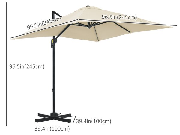 Outsunny 2.5 x 2.5m Patio Offset Parasol Umbrella Cantilever Hanging Aluminium Sun Shade Canopy Shelter 360° Rotation w/Crank Handle, Cream White