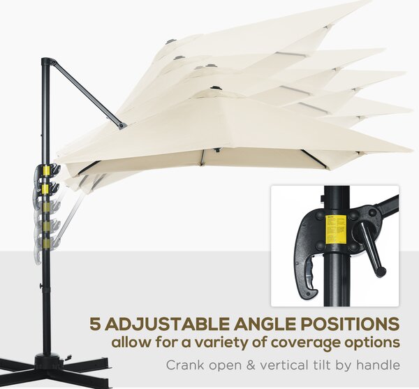 Outsunny 2.5 x 2.5m Patio Offset Parasol Umbrella Cantilever Hanging Aluminium Sun Shade Canopy Shelter 360° Rotation w/Crank Handle, Cream White