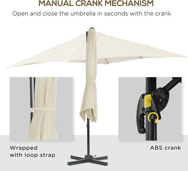 Outsunny 2.5 x 2.5m Patio Offset Parasol Umbrella Cantilever Hanging Aluminium Sun Shade Canopy Shelter 360° Rotation w/Crank Handle, Cream White