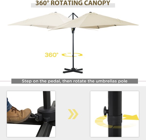 Outsunny 2.5 x 2.5m Patio Offset Parasol Umbrella Cantilever Hanging Aluminium Sun Shade Canopy Shelter 360° Rotation w/Crank Handle, Cream White