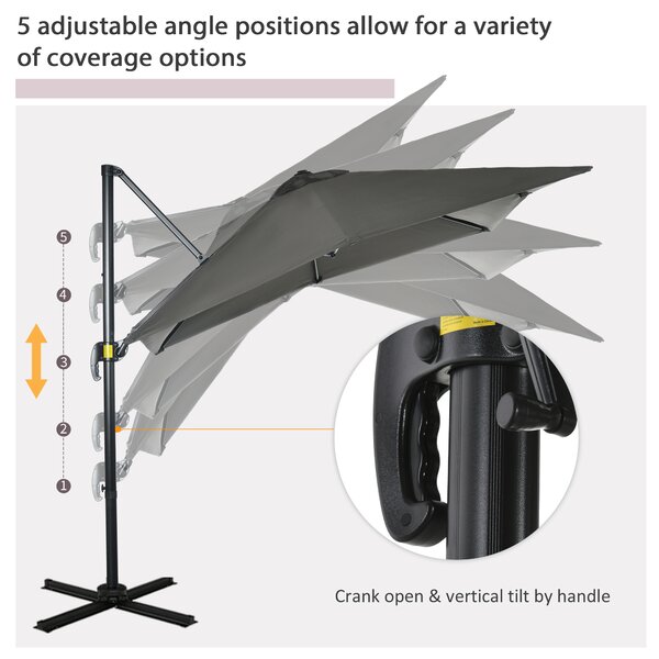 Outsunny 2.5 x 2.5m Patio Offset Parasol Cantilever Umbrella Sun Shade Canopy Shelter 360° Rotation with Crank Handle and Cross Base, Grey