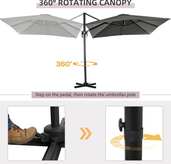 Outsunny 2.5 x 2.5m Patio Offset Parasol Cantilever Umbrella Sun Shade Canopy Shelter 360° Rotation with Crank Handle and Cross Base, Grey