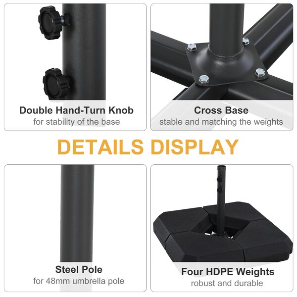 Outsunny Parasol Base: 4-Piece Fillable Steel Cross Stand for Garden Umbrellas, Sand/Water Fillable, Black Aosom UK