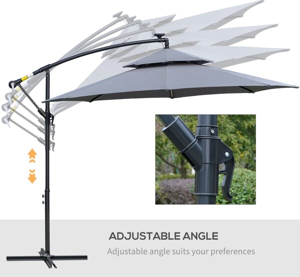 Outsunny 3(m) Cantilever Banana Parasol Hanging Umbrella with Double Roof, LED Solar lights, Crank, 8 Sturdy Ribs and Cross Base for Outdoor, Garden