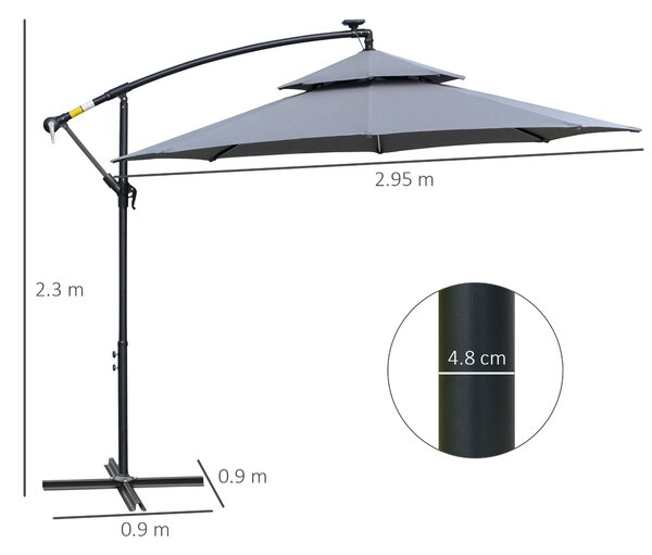 Outsunny 3(m) Cantilever Banana Parasol Hanging Umbrella with Double Roof, LED Solar lights, Crank, 8 Sturdy Ribs and Cross Base for Outdoor, Garden