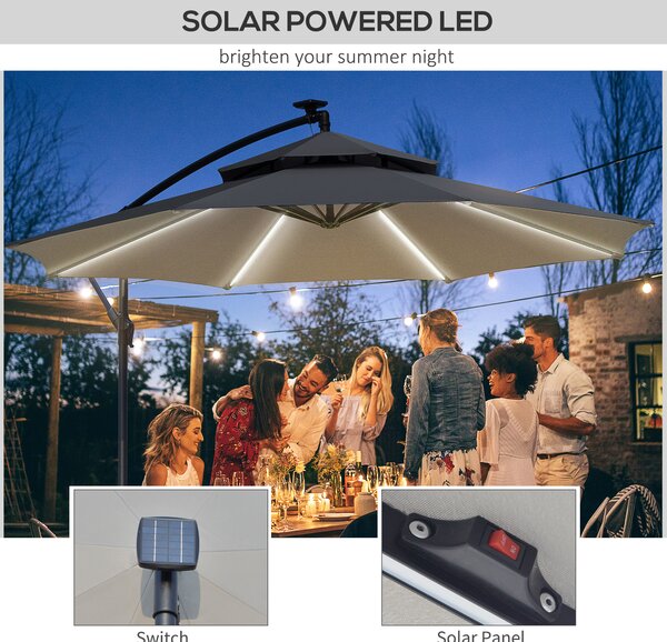 Outsunny 3(m) Cantilever Banana Parasol Hanging Umbrella with Double Roof, LED Solar lights, Crank, 8 Sturdy Ribs and Cross Base for Outdoor, Garden