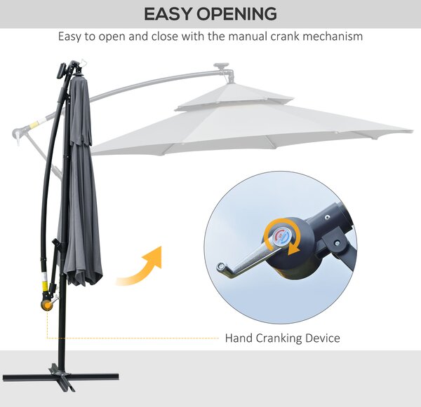 Outsunny 3(m) Cantilever Banana Parasol Hanging Umbrella with Double Roof, LED Solar lights, Crank, 8 Sturdy Ribs and Cross Base for Outdoor, Garden