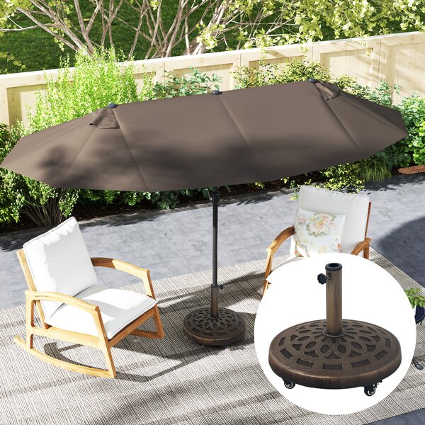 Outsunny 21kg Resin Garden Parasol Base with Wheels, Round Umbrella Stand for 34, 38, 48 mm Umbrella Poles for Deck Poolside, Bronze Tone