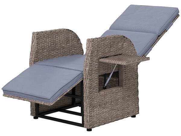 Outsunny Outdoor PE Rattan Leisure Chair with Cushion, Hand-Woven PE Rattan Recliner Garden Chair with Adjustable Back and Footrest, Patio Deck Chair with Side Table, Brown