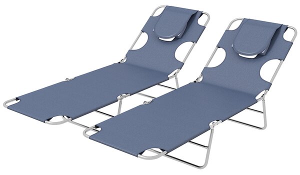 Outsunny Foldable Sun Lounger Set of 2 with Reading Hole, Portable Sun Lounger with 5 Level Adjustable Backrest, Reclining Lounge Chair with Side Pocket, Headrest Pillow, Grey