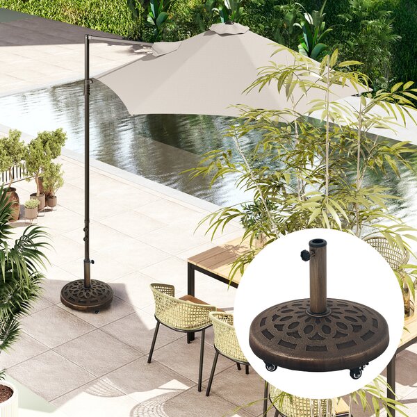 Outsunny 21kg Resin Garden Parasol Base with Wheels, Round Umbrella Stand for 34, 38, 48 mm Umbrella Poles for Deck Poolside, Bronze Tone