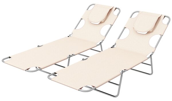Outsunny Foldable Sun Lounger Set of 2, Beach Chaise Lounges with Reading Hole, Arm Slots, 5-Position Adjustable Backrest, Side Pocket, Pillow for Patio, Garden, Beach, Pool, Beige