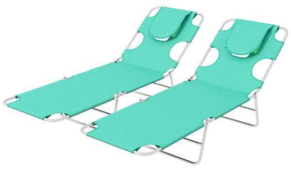 Outsunny Foldable Sun Lounger Set of 2 with Reading Hole, Portable Sun Lounger with 5 Level Adjustable Backrest, Reclining Lounge Chair with Side Pocket, Headrest Pillow, Green