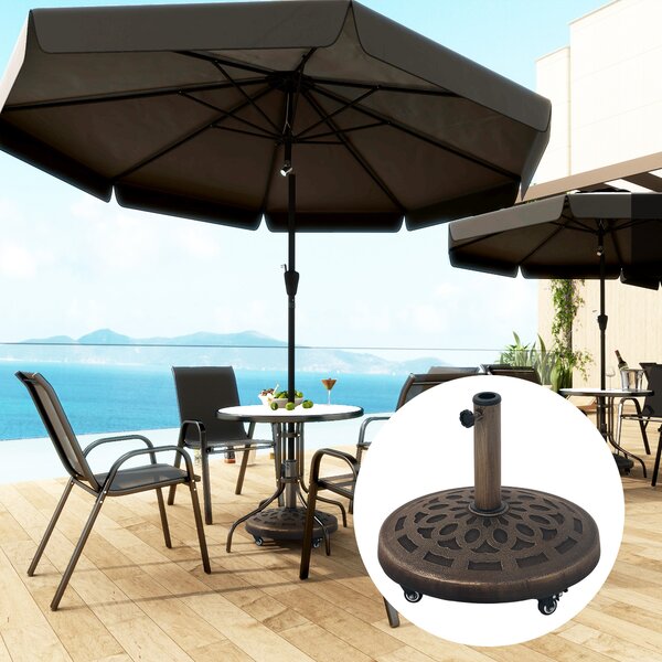 Outsunny 21kg Resin Garden Parasol Base with Wheels, Round Umbrella Stand for 34, 38, 48 mm Umbrella Poles for Deck Poolside, Bronze Tone