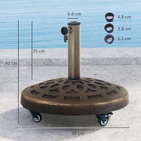 Outsunny 21kg Resin Garden Parasol Base with Wheels, Round Umbrella Stand for 34, 38, 48 mm Umbrella Poles for Deck Poolside, Bronze Tone