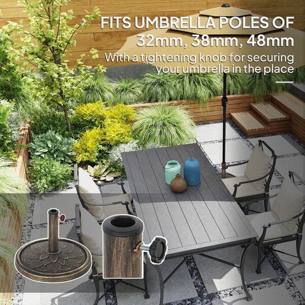 Outsunny 12kg Resin Garden Parasol Base, Heavy Duty Sun Umbrella Base for 32, 38, 48 mm Umbrella Poles for Deck Poolside, Bronze Tone