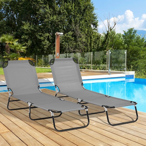 Outsunny Folding Sun Loungers Set of 2, Outdoor Day Bed with 5-Position Adjustable Backrest with Breathable Mesh for Beach, Patio, Dark Grey