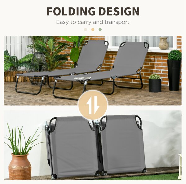 Outsunny Folding Sun Loungers Set of 2, Outdoor Day Bed with 5-Position Adjustable Backrest with Breathable Mesh for Beach, Patio, Dark Grey