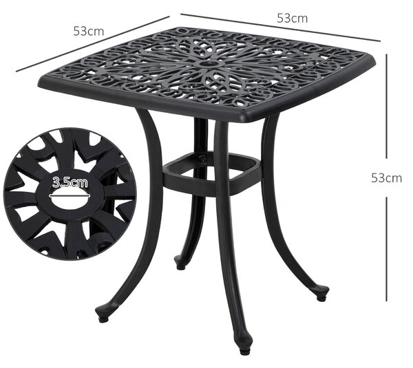 Outsunny Cast Aluminium Bistro Table, Outdoor Square Side Table with Umbrella Hole, Garden Table for Balcony, Poolside, Black