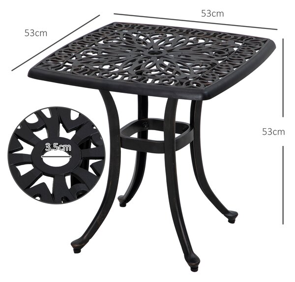 Outsunny Cast Aluminium Bistro Table, Outdoor Square Side Table with Umbrella Hole, Garden Table for Balcony, Bronze Tone