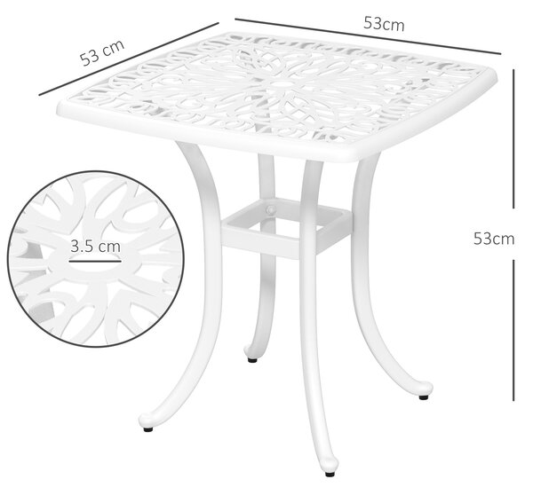Outsunny Cast Aluminium Bistro Table, Outdoor Square Side Table with Umbrella Hole, Garden Table for Balcony, White