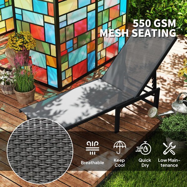 Outsunny Sun Lounger for Garden, 5-Level Adjustable Reclining Sun Lounger Chair, Flat Garden Lounger Sunbed with Texteline Seat, Steel Frame for Patio, Beach, Grey