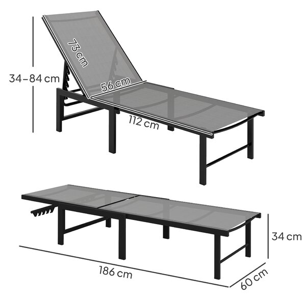 Outsunny Sun Lounger for Garden, 5-Level Adjustable Reclining Sun Lounger Chair, Flat Garden Lounger Sunbed with Texteline Seat, Steel Frame for Patio, Beach, Grey