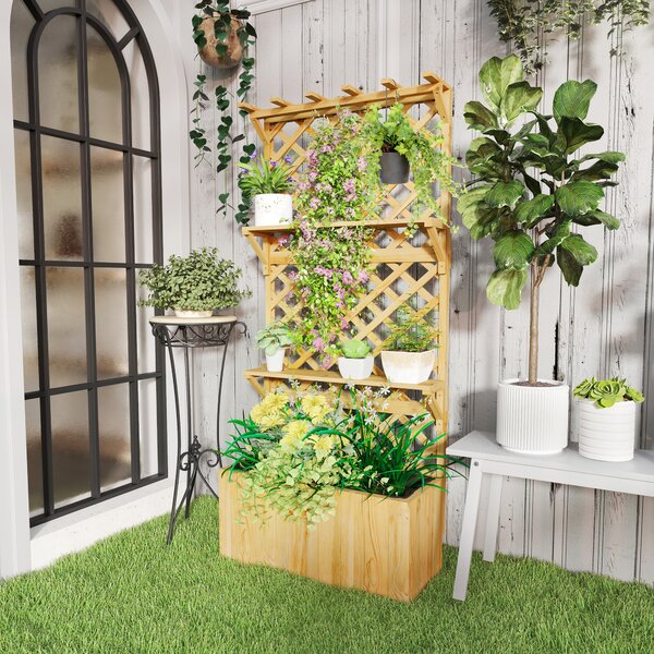 Outsunny 52L Wooden Planter, with Trellis and Shelves - Nature Wood Finish