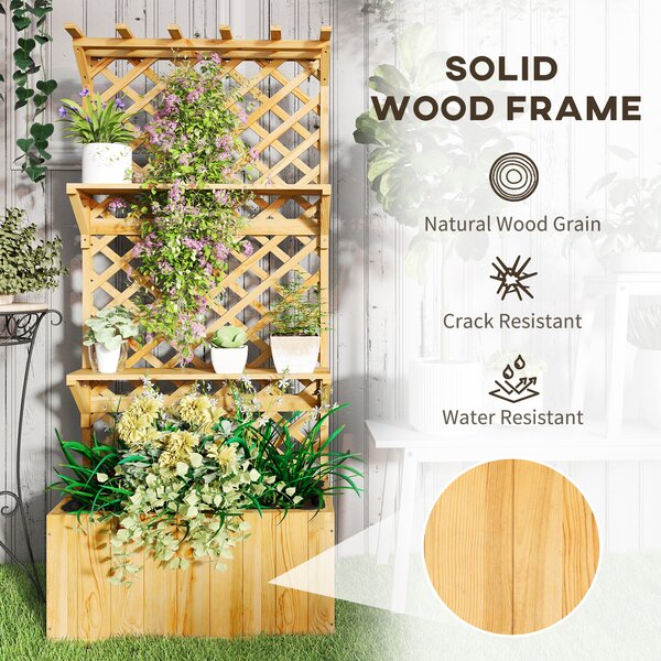 Outsunny 52L Wooden Planter, with Trellis and Shelves - Nature Wood Finish