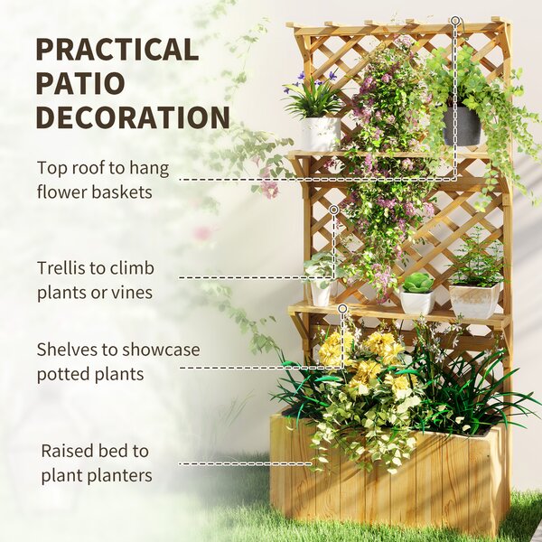Outsunny 52L Wooden Planter, with Trellis and Shelves - Nature Wood Finish