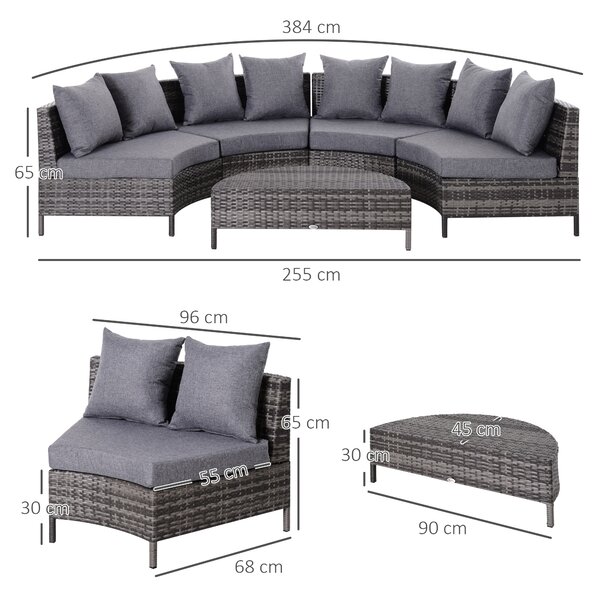 Outsunny Rattan Garden Furniture 4 Seaters Half-round Patio Outdoor Sofa & Table Set Wicker Weave Conservatory Cushioned Seat with Pillow - Grey