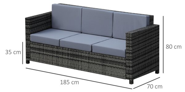 Outsunny 3-Seater All Weather Outdoor Sofa, Rattan Wicker Weave with Metal Frame and Fire Resistant Cushion, Grey Aosom UK