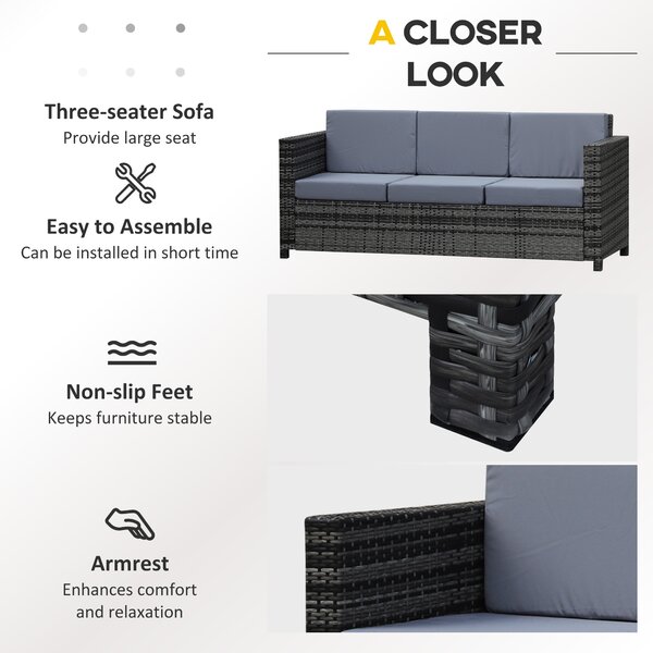 Outsunny 3-Seater All Weather Outdoor Sofa, Rattan Wicker Weave with Metal Frame and Fire Resistant Cushion, Grey Aosom UK