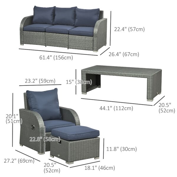 Outsunny 6pc Outdoor Couch Set, Rattan Wicker Furniture with 3-Seat Sofa, 2 Single Sofas, 2 Footstools and Coffee Table Aosom UK