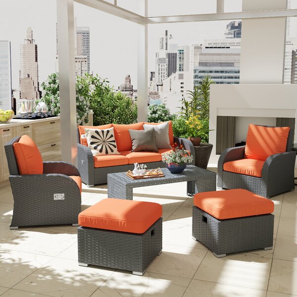 Outsunny 6pc Patio Furniture Set, Rattan Wicker with 3-Seat Sofa, 2 Single Sofas, 2 Footstools and Coffee Table Aosom UK