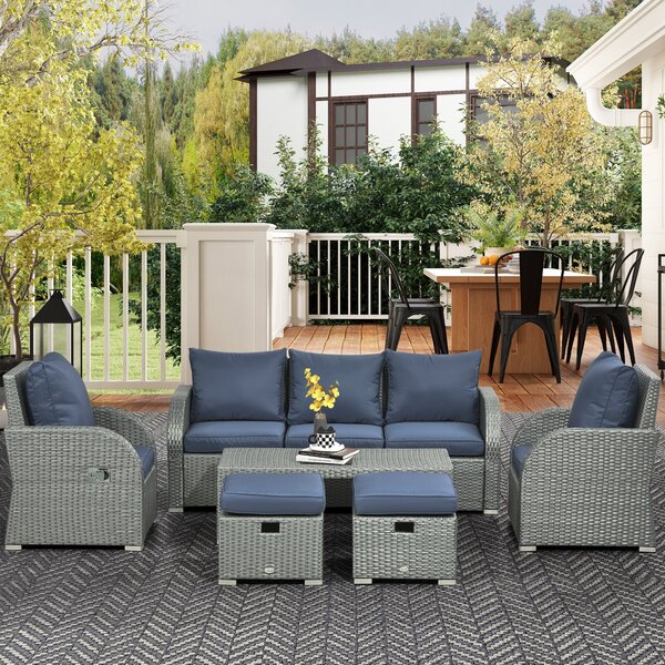 Outsunny 6pc Outdoor Couch Set, Rattan Wicker Furniture with 3-Seat Sofa, 2 Single Sofas, 2 Footstools and Coffee Table Aosom UK