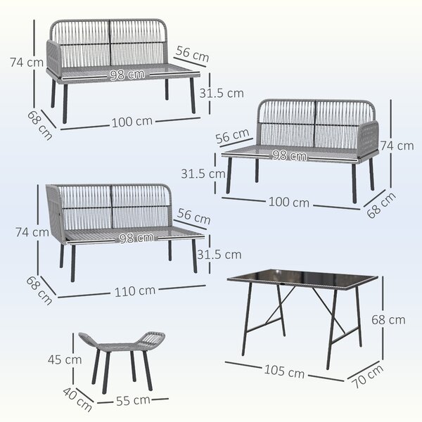 Outsunny 6 Piece Rattan Garden Furniture Set, 8 Seater Garden Corner Sofa with Cushions and Glass Top Table, Sectional Outdoor Furniture Conservatory Set for Patio, Charcoal Grey