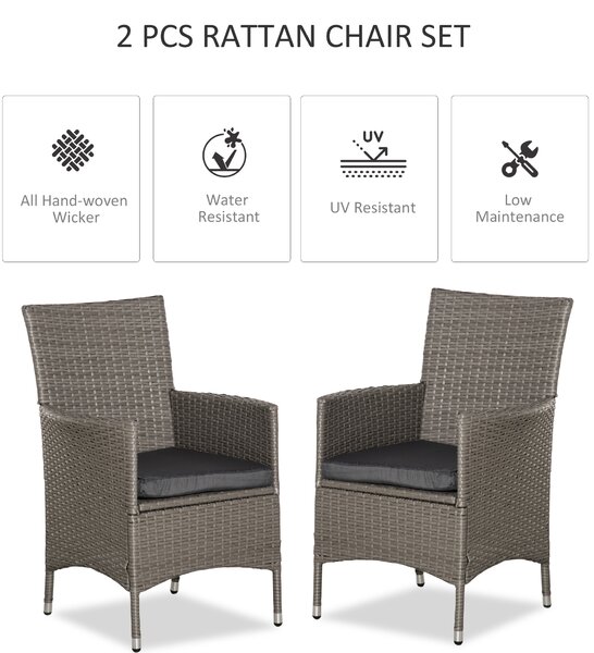 Outsunny 2 Seater Outdoor Rattan Armchair Dining Chair Garden Patio Furniture w/ Armrests Cushions Grey
