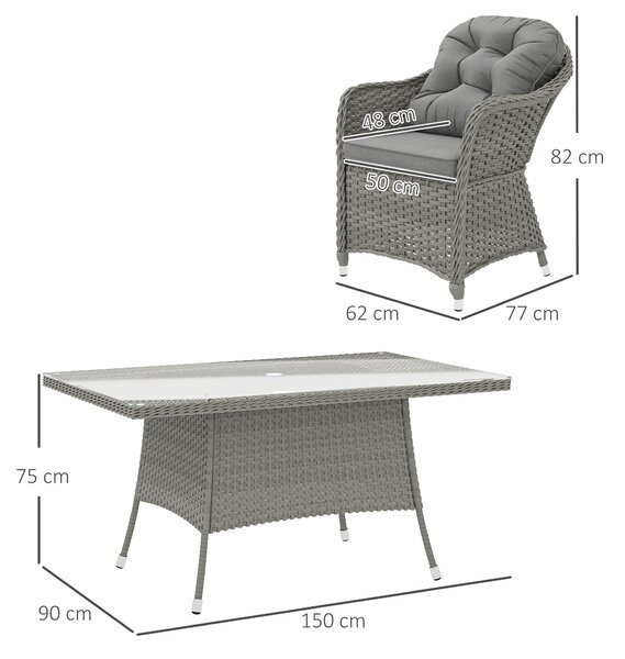 Outsunny 6 Seater Rattan Dining Set with Seat and Back Cushions, PE Rattan Garden Furniture Set, Outdoor Dining Table and Chairs, Rectangular Glass Top Table with Umbrella Hole, Light Grey