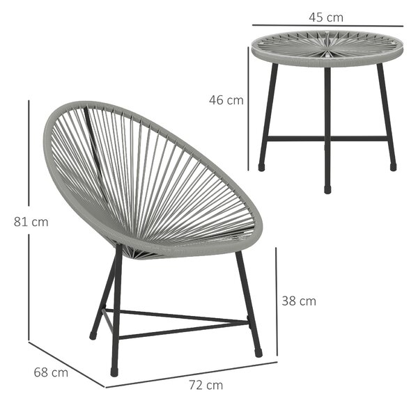 Outsunny 3 Pieces Rattan Bistro Set, Garden Bistro Set with Acapulco Chairs and Glass Top Table, Small Garden Furniture Set with Reinforced Metal Frame for Outdoor, Patio, Balcony, Grey