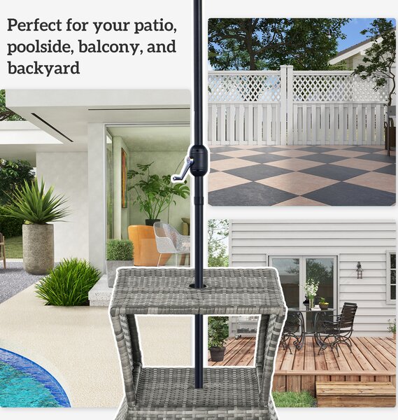 Outsunny Outdoor Patio Rattan Wicker Coffee Table Bistro Side Table w/ Umbrella Hole and Storage Space, Grey