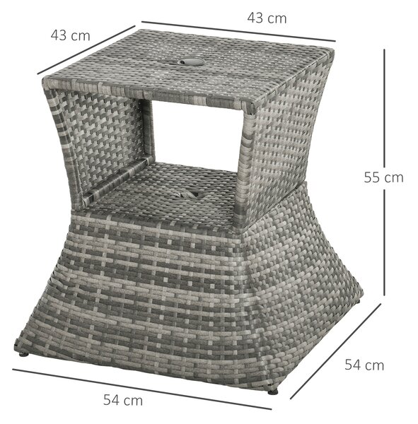 Outsunny Outdoor Patio Rattan Wicker Coffee Table Bistro Side Table w/ Umbrella Hole and Storage Space, Grey